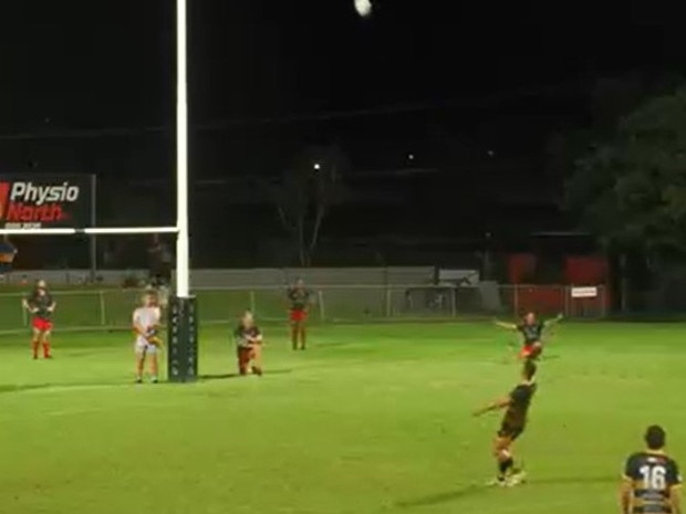 Darwin Dragons A-grade kicker slotting the penalty that would've won his side a semi-finals berth. Picture: NTRU.