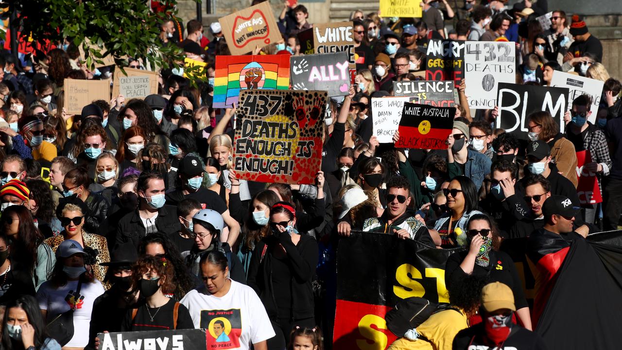 Hundreds of locals gather for a Black Lives Matter protest in Civic Park, Newcastle followed by a march down King and Hunter Streets to Pacific Park. Picture: Toby Zerna