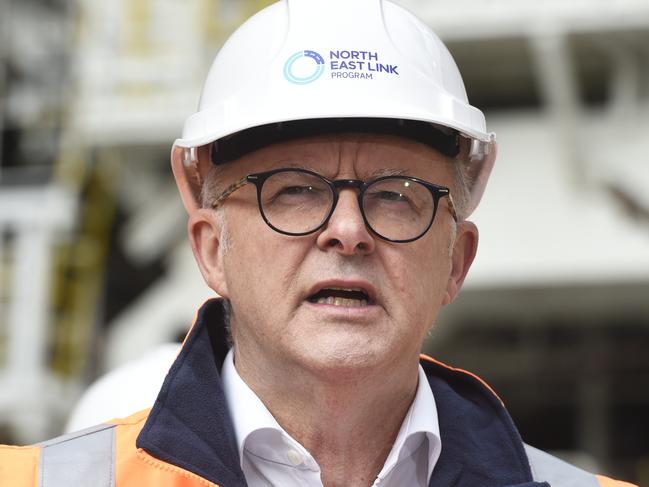 MELBOURNE, AUSTRALIA - NewsWire Photos May 09, 2024: Prime Minister Anthony Albanese speaks to the media while on a visit to the North East Link construction site at Watsonia. Picture: NCA NewsWire / Andrew Henshaw