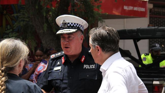 Northern Territory Police Commissioner Michael Murphy chats with Alice Springs residents during coffee with a cop in the Todd Mall. Picture: Gera Kazakov