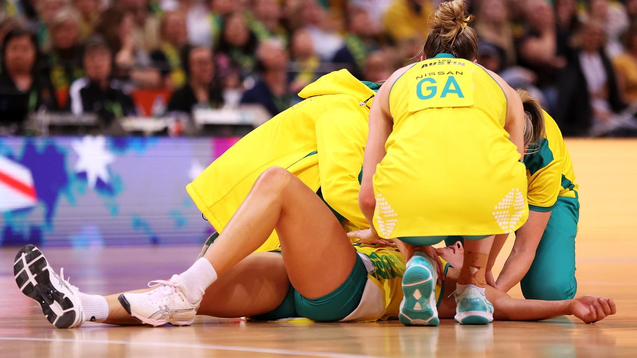 Maddy Proud receives attention from the trainers. Picture: Mark Kolbe