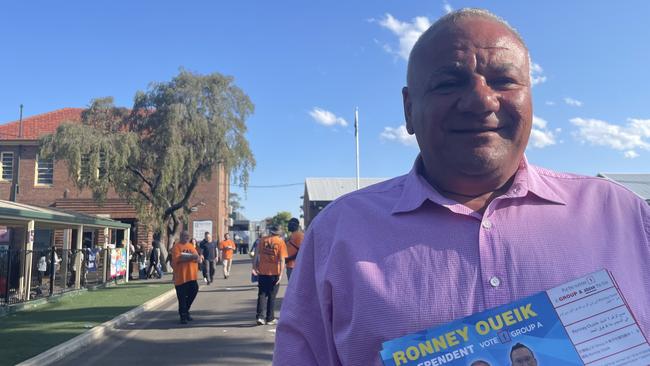 Independent candidate for Cumberland Council’s South Granville ward Ronney Oueik at Blaxcell Street Public School polling booth on Saturday afternoon.