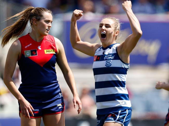 MELBOURNE, AUSTRALIA - NOVEMBER 19: Amy McDonald of the Cats celebrates a goal during the 2023 AFLW Second Semi Final match between The Melbourne Demons and The Geelong Cats at IKON Park on November 19, 2023 in Melbourne, Australia. (Photo by Dylan Burns/AFL Photos via Getty Images)