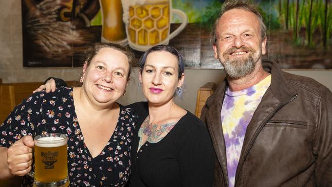 At Oktoberfest are (from left) Kym Croughan, Samantha Carmichael and Paul Hallam at The Brewhouse, Saturday, October 22, 2022. Picture: Kevin Farmer