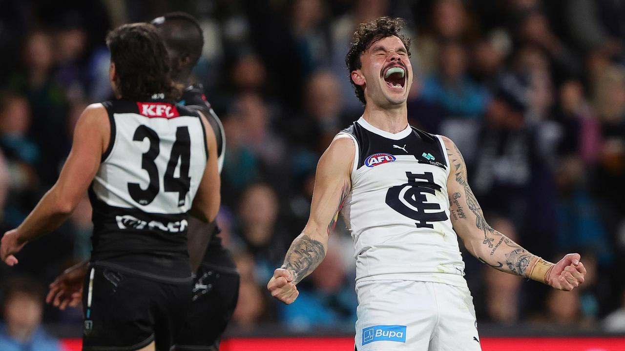 Zac Williams of the Blues celebrates a goal. Picture: Sarah Reed/AFL Photos via Getty Images