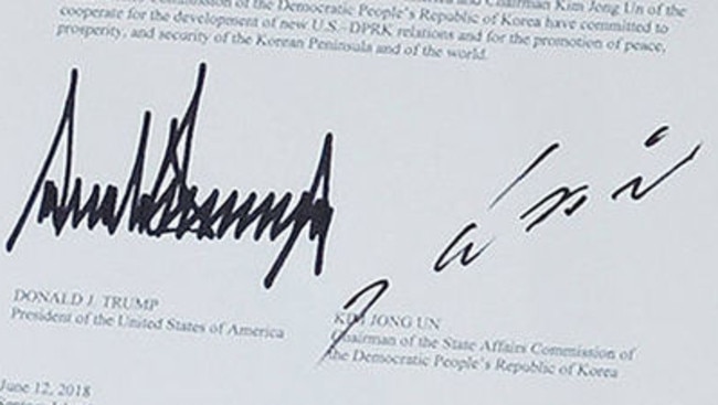 Signature scrutiny: Trump and Kim Jong-un's historic scrawls. Picture: Twitter