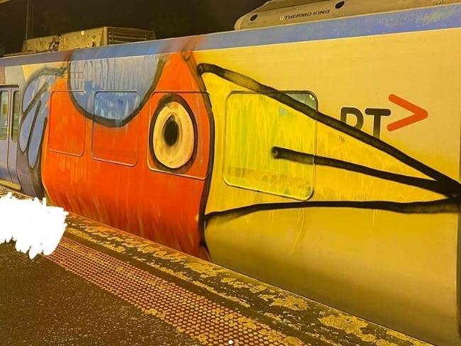 ‘Pam the Bird’ aboard a train at a Melbourne train station. Picture: Instagram