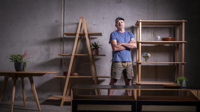 Jason Somerville creates environmentally friendly custom furniture pieces using local woods. Picture: Wayne Taylor.