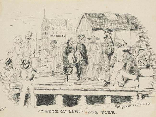 A sketch from 1855 of Chinese immigrants arriving at Sandridge Pier in Port Melbourne. Picture: State Library of Victoria.