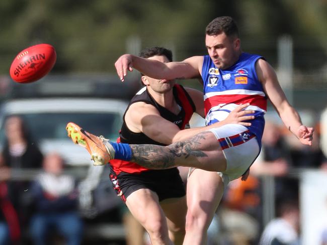 Picila & DistrictFNL, Grand Final, Waaia V  Strathmerton, at Strathmertton, William Foster, 34,  Waaia Bombers  &  Darcy McCormack, 9, Strathmerton Bulldogs,  Picture Yuri Kouzmin