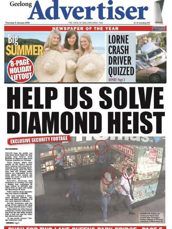 The Geelong Advertiser’s front page after the Thomas Jewellers heist.