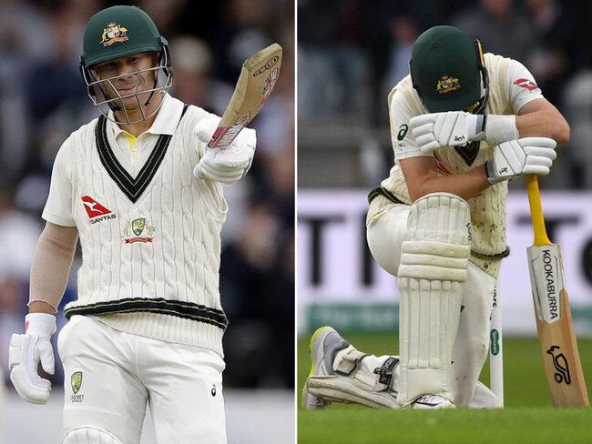 David Warner raises his bat upon reaching his half century, left, while Marnus Labuschagne shows his disappointment when out for 74.