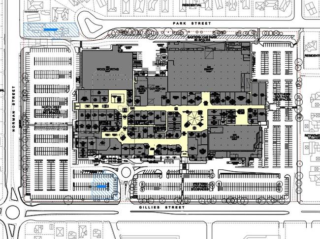 The lower blue area indicates the proposed location of Guzman Y Gomez and the above area that of more car parks. Photo from development application.