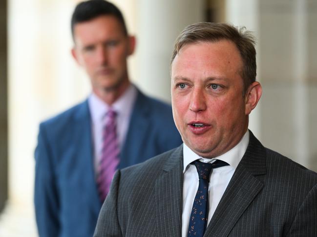 BRISBANE, AUSTRALIA - NewsWire Photos - NOVEMBER 16, 2023. Queensland Deputy Premier Steven Miles and Transport Minister Mark Bailey (left) during a press conference to make an infrastructure announcement at Parliament House in Brisbane. Picture: Dan Peled / NCA NewsWire