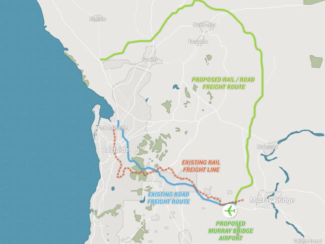 The proposed new rail and road corridor linking Port Adelaide to a planned 24-hour export airport near Monarto.