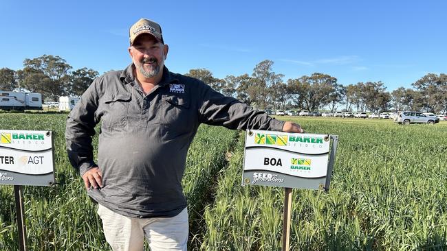 Aaron Giason of Baker Seeds, Rutherglen, Victoria is pictured with a crop of BOA wheat in the crop trials at the Henty Machinery Field Days. Picture: Nikki Reynolds