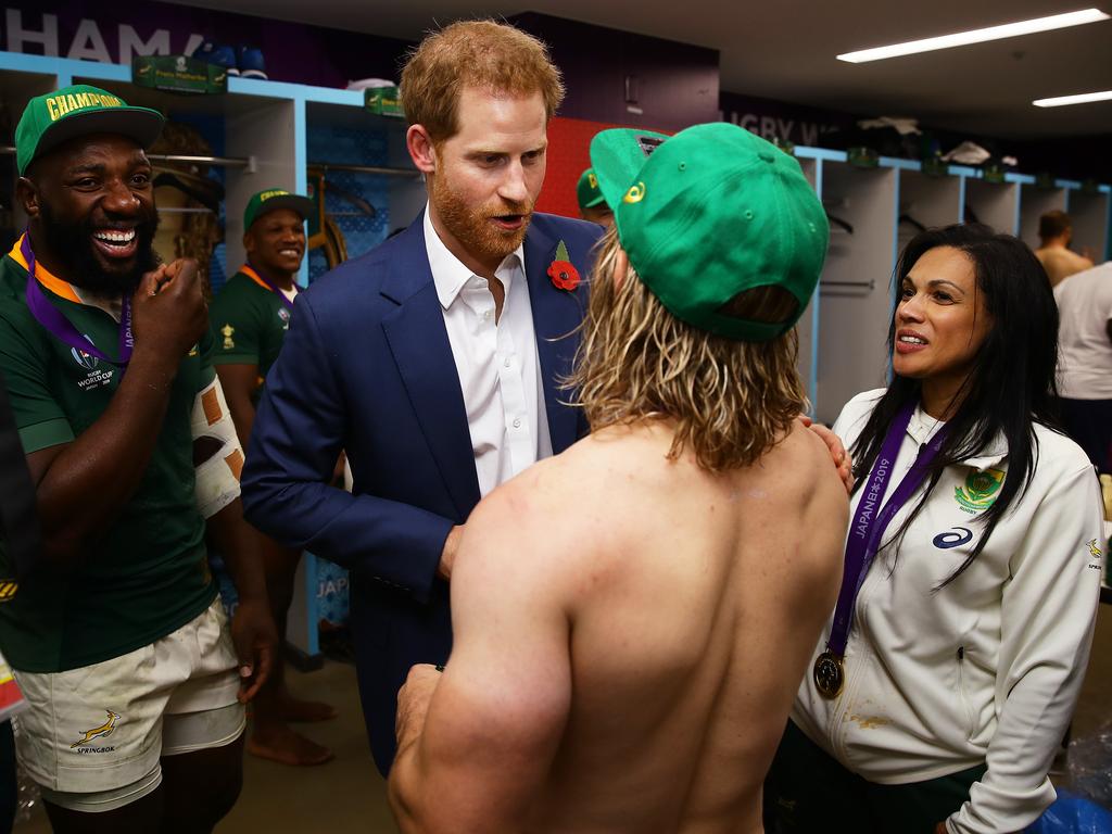 Prince Harry congratulates Faf de Klerk of South Africa following his team's victory over England in the Rugby World Cup 2019 Final. Picture: Getty Images