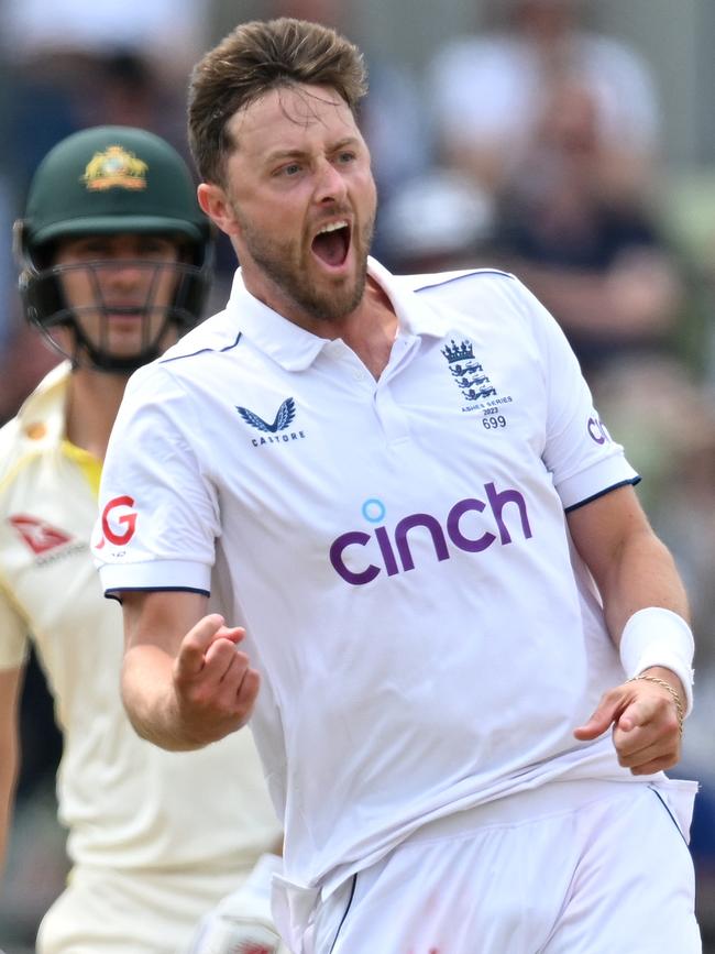 Ollie Robinson was fired up after dismissing man of the match Usman Khawaja in Australia’s first innings. Picture: Shaun Botterill/Getty Images