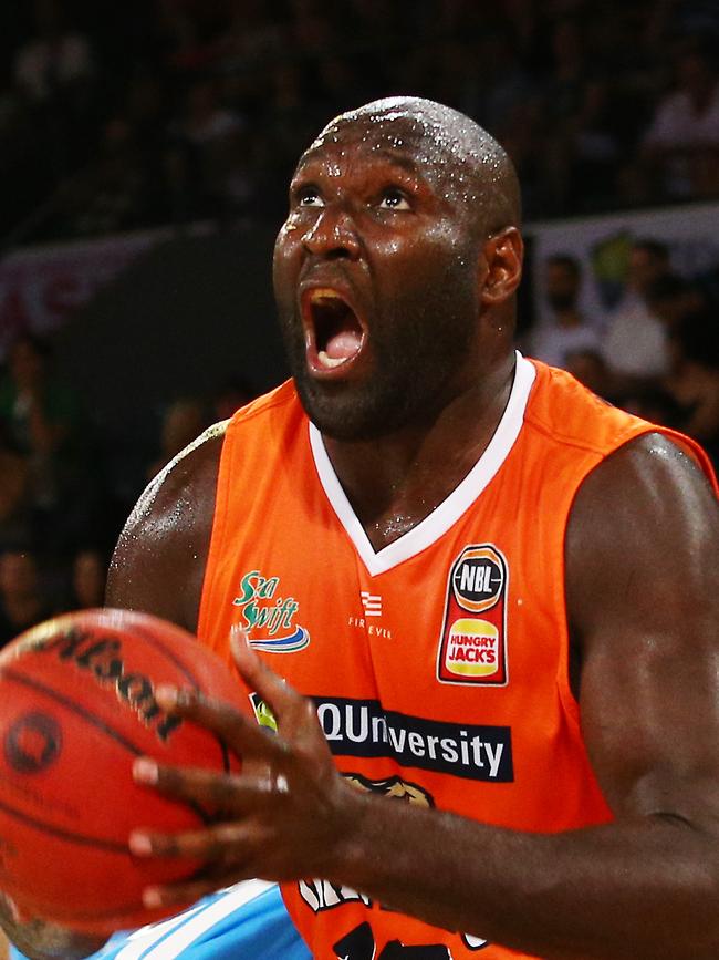 Taipans's co captain Nate Jawai charges to the hoop in the National Basketball League (NBL) match between the Cairns Taipans and the New Zealand Breakers, held at the Cairns Convention Centre. PICTURE: BRENDAN RADKE