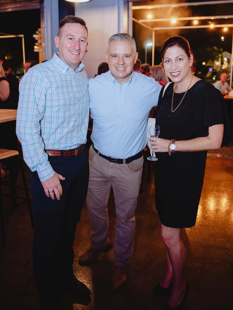 Paul Abercrombie, Matt Merrin, Cara Raymend at the Tiny Mountain Brewery opening in Townsville. Picture by Kaine Constantine. Socials: Damien Anthony Rossi