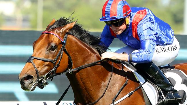 SYDNEY, AUSTRALIA - MARCH 18: Ryan Moore riding Dubai Honour wins Race 6 Ranvet Stakes during the Longines Golden Slipper Day - Sydney Racing at Rosehill Gardens on March 18, 2023 in Sydney, Australia. (Photo by Jeremy Ng/Getty Images)