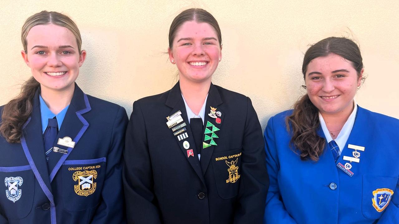 Year 12 students Matilda Searle, captain of Blackheath and Thornburgh College, Jacalyn Elliott, captain of All Souls St Gabriels School, and Madison Jesberg, captain of Columba Catholic College, were all born in Winton in Central West Queensland in 2006. Picture: Supplied