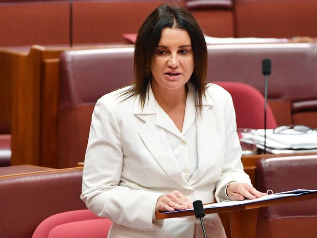 Tasmanian Senator Jacqui Lambie speaks about her burqa ban at Parliament House in Canberra. Picture: AAP