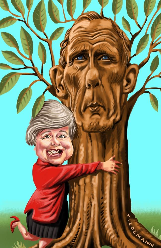 Gillian Triggs (tree) hugs up to Bob Brown. Art: John Tiedemann