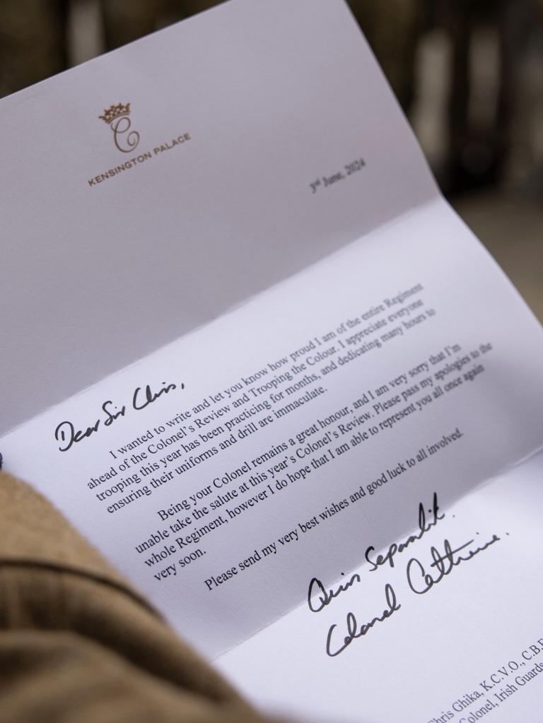 Catherine, Princess of Wales sent a letter to the Irish Guards apologising for missing the Trooping the Colour rehearsal on June 8. Picture: X/Irish Guards