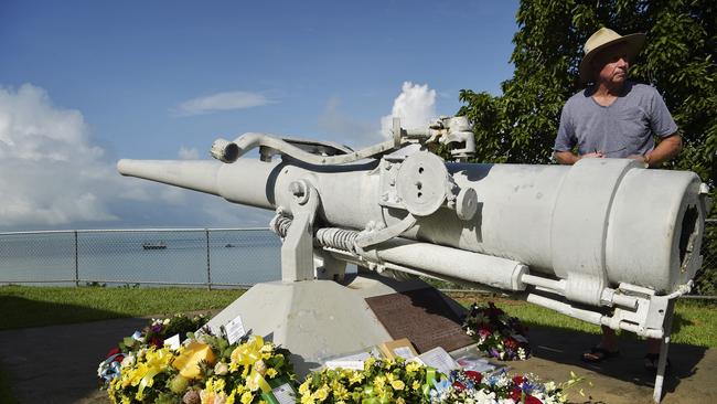 A man stands next to a memorial at the USS Peary Service as part of the 76th Bombing of Darwin Anniversary Picture: KERI MEGELUS