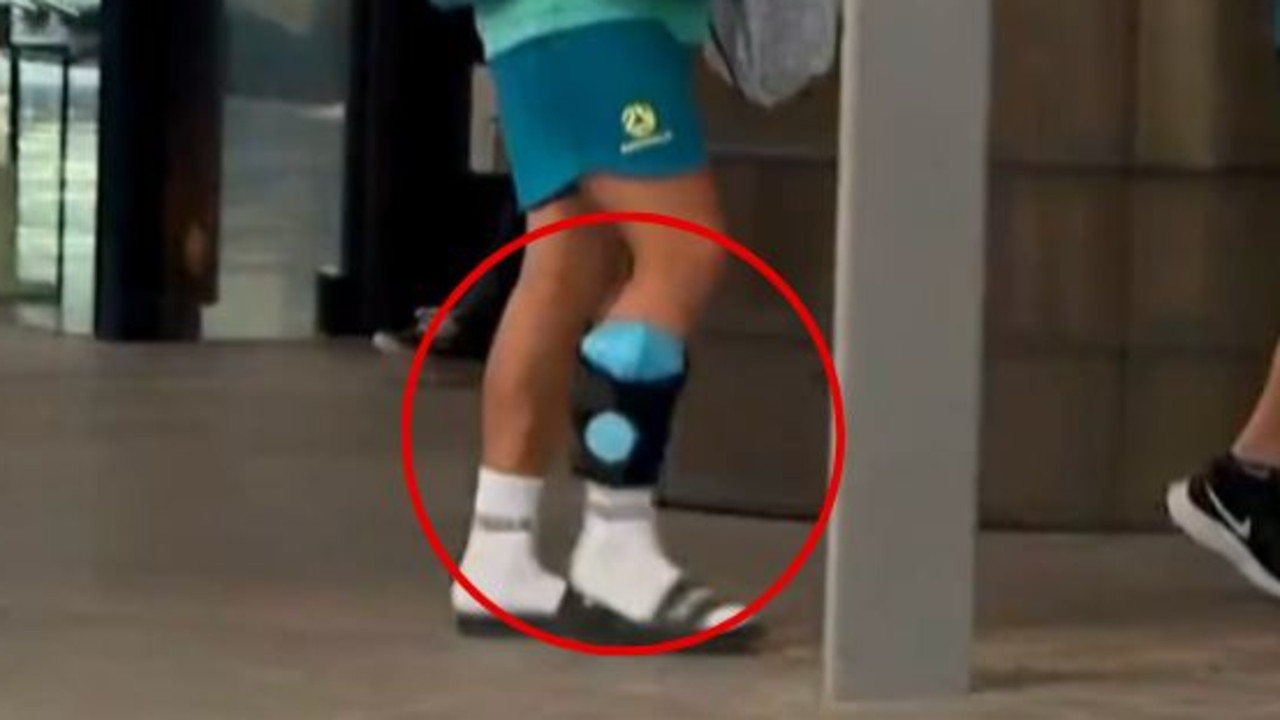 Sam Kerr with an ice pack strapped to her right leg. (Credit 9News)