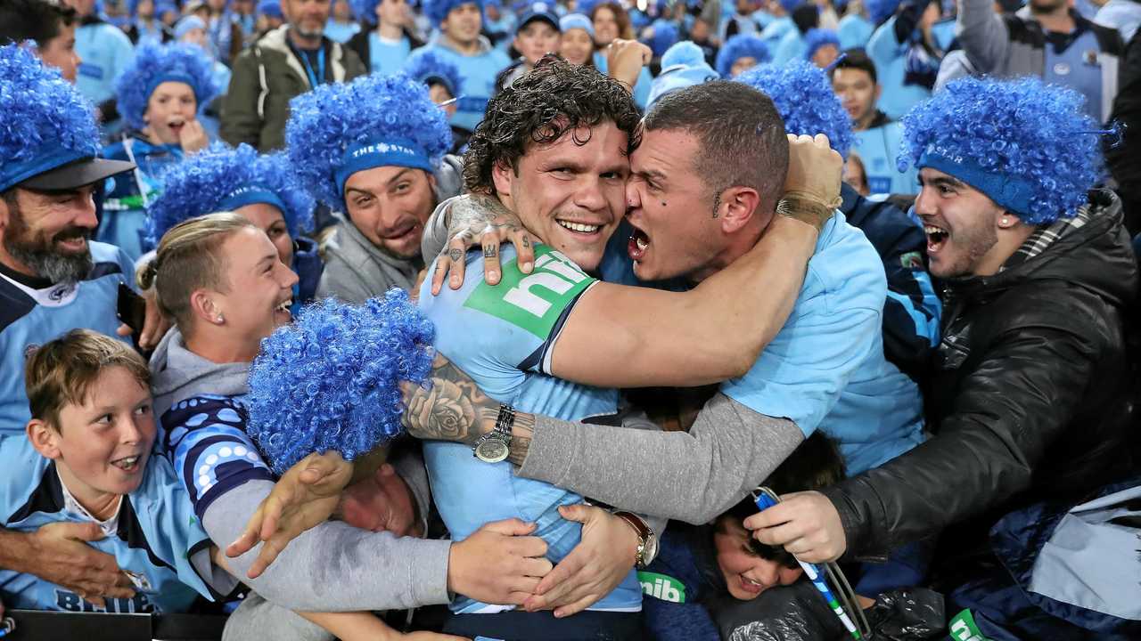 James Roberts celebrating victory with Blues fans at full time in Game 2 of the NSW v QLD State of Origin series at ANZ Stadium, Sydney. Picture: Brett Costello