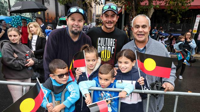 Greg, Craig and Mark Agius and kids Malakai, Sierra, Latrell and Latish Agius celebrating the SA voice in Adelaide. Image/Russell Millard Photography