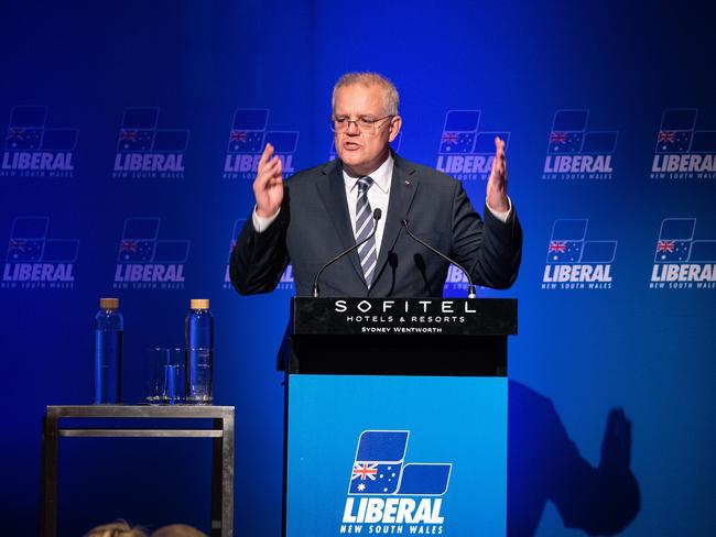 Prime Minister Scott Morrison delivers a speech about the federal budget at the Sofitel Sydney Wentworth. Picture: NCA NewsWire / Christian Gilles