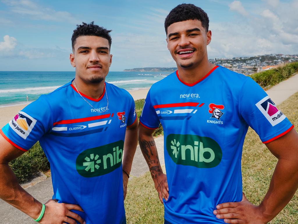 English recruits Kai Pearce-Paul and Will Pryce wearing Newcastle colours for the first time. Picture: Supplied.