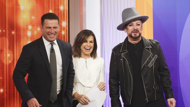 Karl Stefanovic, Lisa Wilkinson and Boy George. Picture: Justin Lloyd