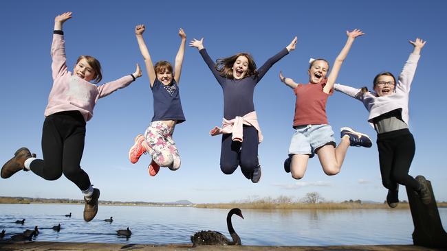 Celebrating the easing of COVID lockdown, Ballarat kids Edith 8, Violet 8, Emma 10, Lotti 10 and Florence 10 at Lake Wendouree. Picture: David Caird