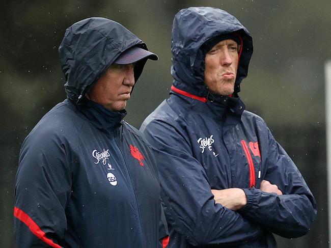 Coach Trent Robinson and assistant Craig Fitzgibbon during Sydney Roosters training at Kippax oval. Picture. Phil Hillyard