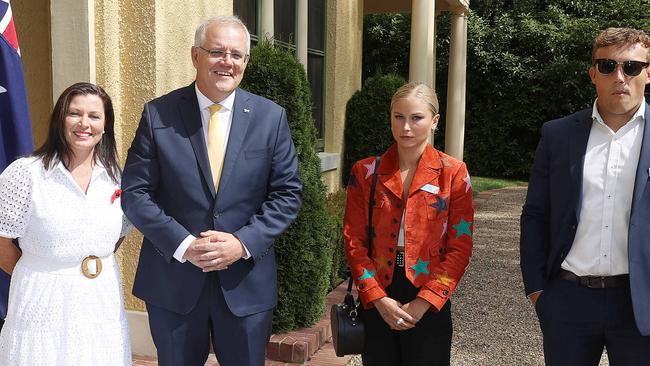 Grace Tame (second from right) with her partner during a visit to the Lodge hosted by Prime Minister Scott Morrison and his wife Jenny. Picture: NCA NewsWire / Gary Ramage