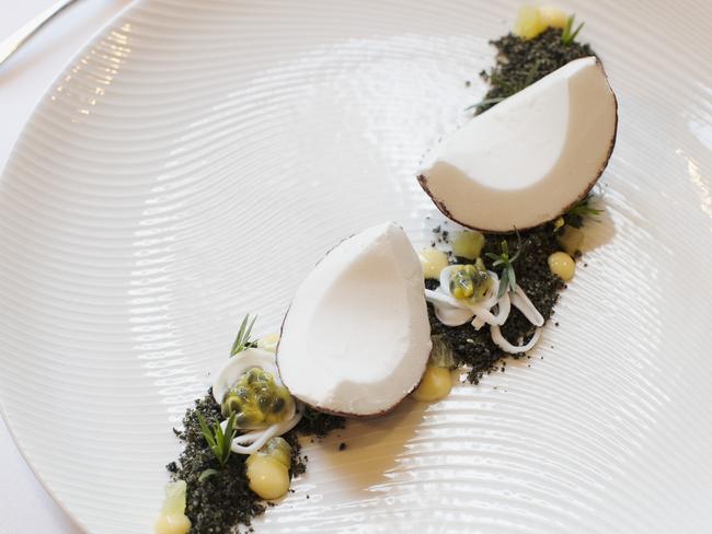 The coconut sorbet, black sesame, passionfruit and pineapple dessert at est.