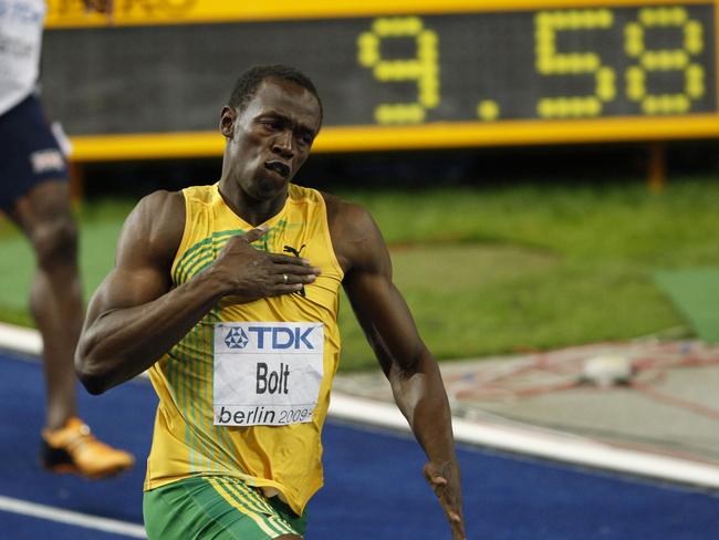 Usain Bolt after setting his world record of 9.58 seconds at the 2009 worlds in Berlin.