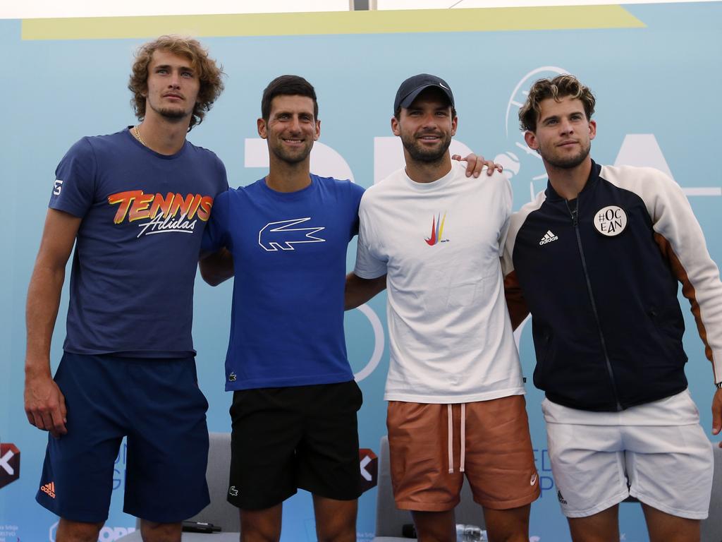 Zverev (left) with Djokovic, Dimitrov and Dominic Thiem at the Adria Tour. (AP Photo/Darko Vojinovic)