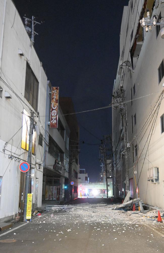 A picture shows collapsed walls of building following an earthquake in Fukushima. Picture: AFP