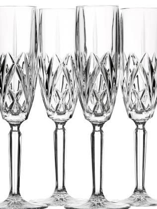 Crystal is back in vogue. The plain champagne flutes and wine glasses have been bumped, with grooved crystal making a comeback. Set of four Brookside flutes, $49.95, from Zanui, zanui.com.au