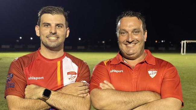 Mackay Wanderers Football Club coaches Rhys Cappello and Karl Waters ahead of their 2025 Football Queensland Premier League season. Picture: Mackay Wanderers FC.