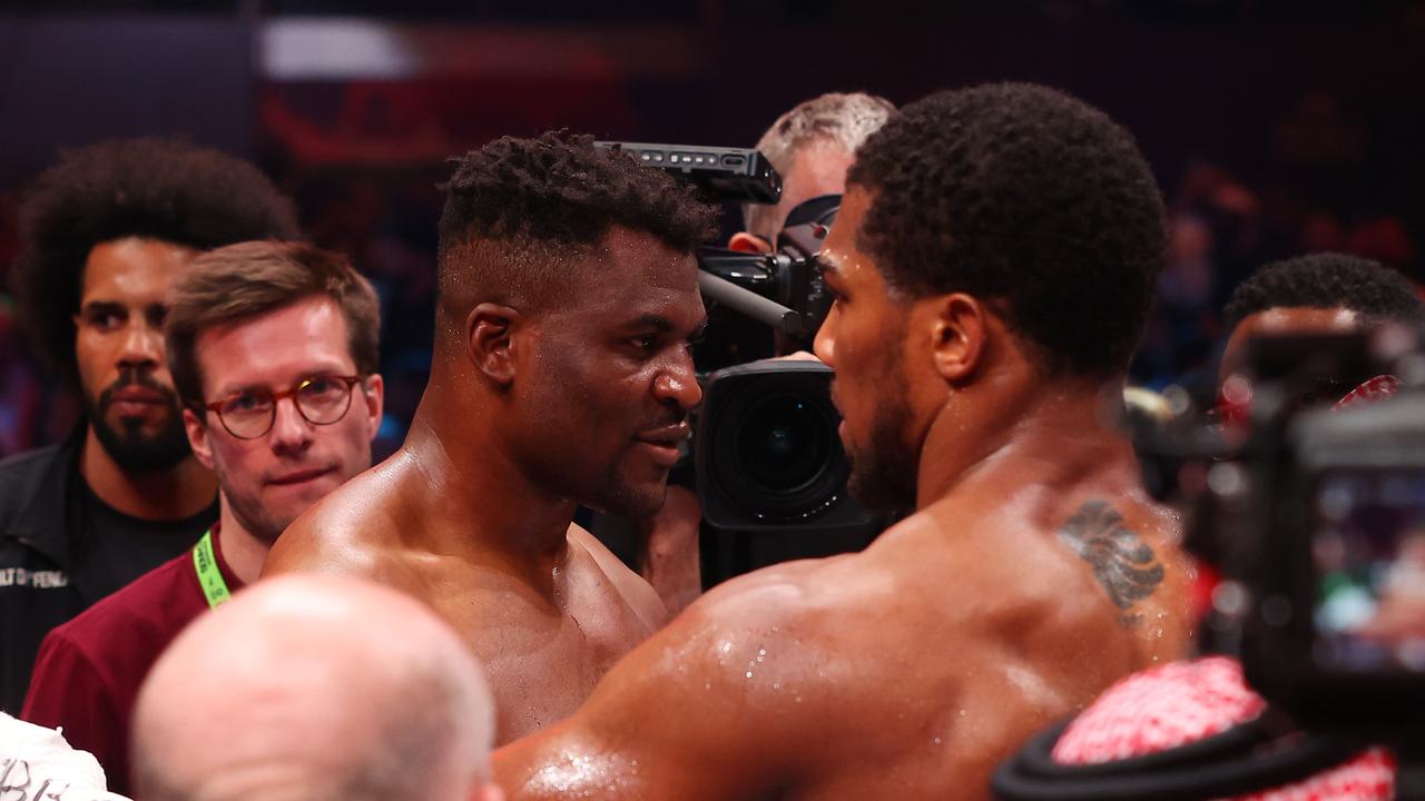 RIYADH, SAUDI ARABIA – MARCH 08: Francis Ngannou looks on after defeat against Anthony Joshua following the Heavyweight fight between Anthony Joshua and Francis Ngannou on the Knockout Chaos boxing card at the Kingdom Arena on March 08, 2024 in Riyadh, Saudi Arabia. (Photo by Richard Pelham/Getty Images)