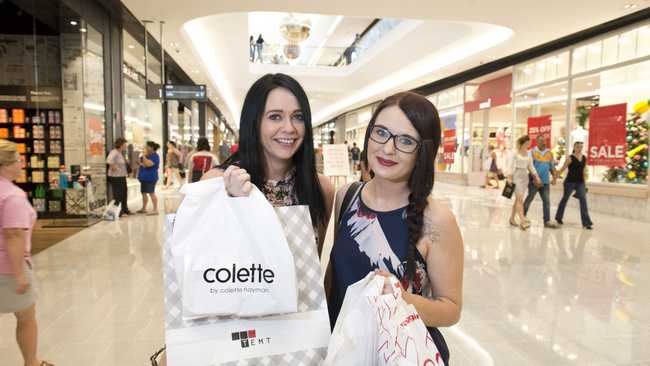 Tegan (left) and Bree Harrold got good deals in fashion at the Grand Central Boxing Day sales last year. Picture: Kevin Farmer