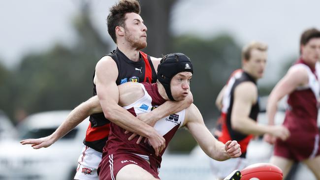 Round 10 TSL game between Clarence v North Launceston from Richmond Oval. Clarence's Brady Jones is tackled by North Launceston's Fletcher Bennett. Picture: Zak Simmonds