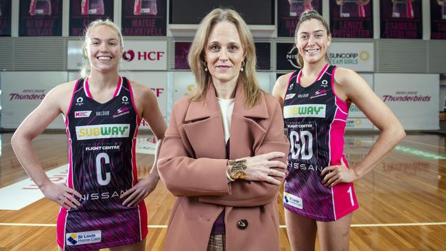 Netball SA chief Bronwyn Klei with Thunderbirds players Hannah Petty and Matilda Garrett. Picture: Mark Brake