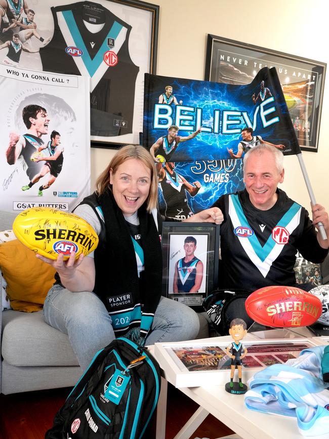 Port Fans Karin and Gary Cullen are Club 1870 members and have only missed a handful of Port Adelaide games. Picture: Dean Martin